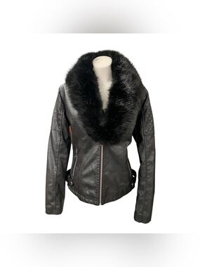 Bellivera Black Faux Fur Collar Leather Jacket Size L